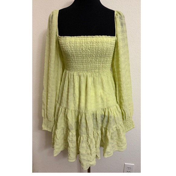 Urban Outfitters Dresses & Skirts - Urban Outfitters Lime Green Smocked Tiered‎ Mini Dress Long Sleeve Small Lined